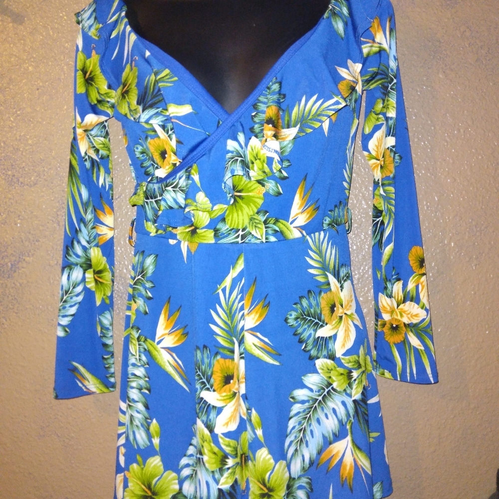 Blue floral romper with ruffles